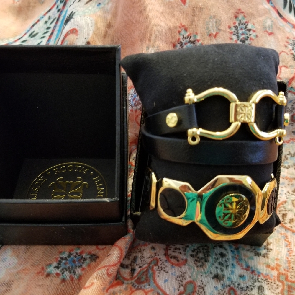Two bracelets,  one cuff, one leather double cuff